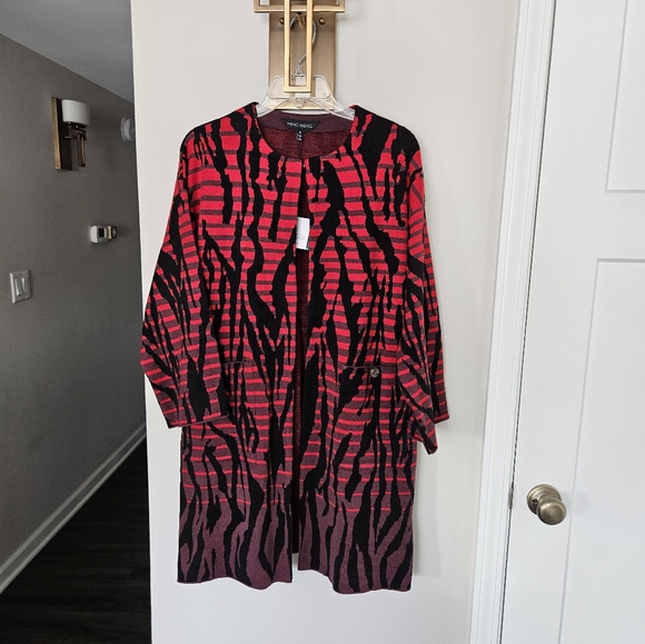 MING WANG Red Auburn Open Front Jacket in Animal Pattern Cozy Knit NWT Size S - Picture 7 of 14